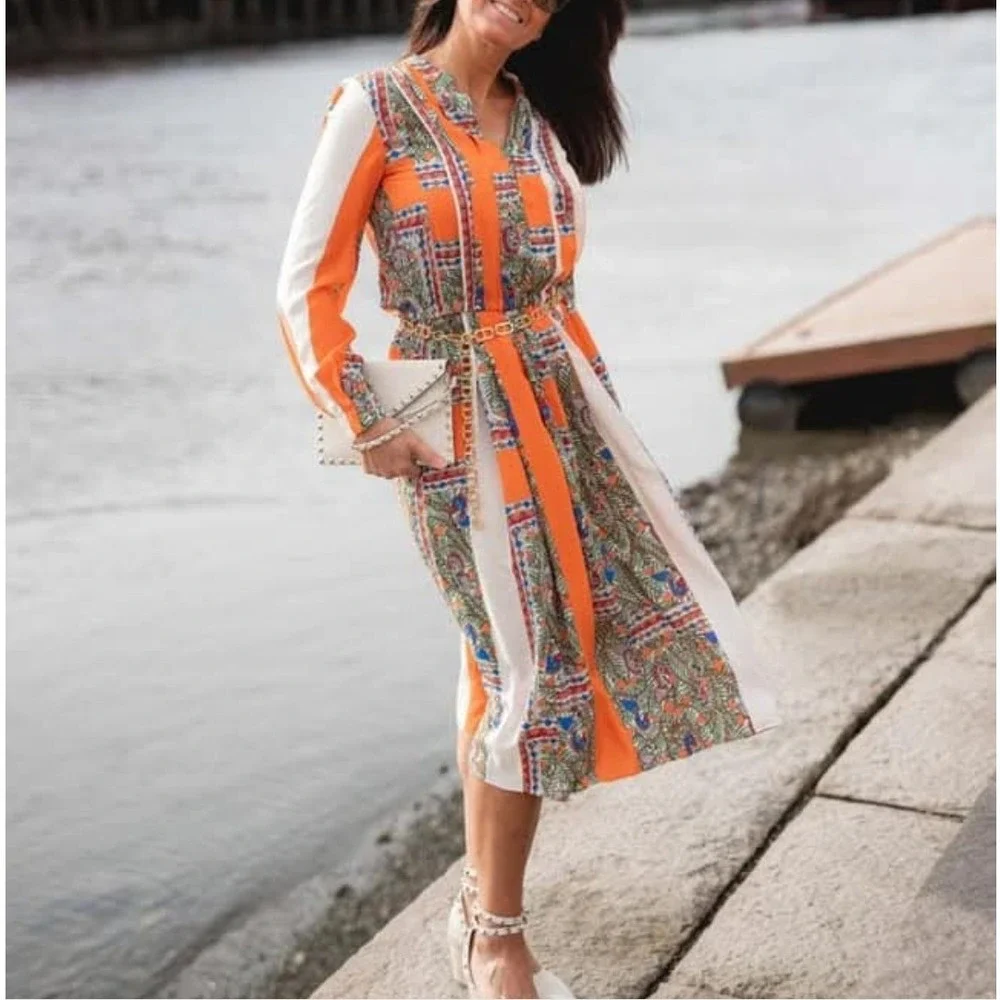 Tory Burch Orange Cream Silk Geometric Botanical Print Midi Dress Size‎ 2